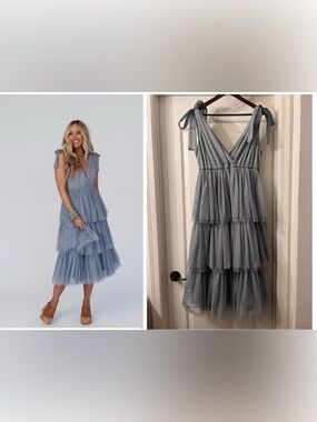 In Loom Tiered V-Neck Tie-Shoulder Tulle Dress in Dusty Blue